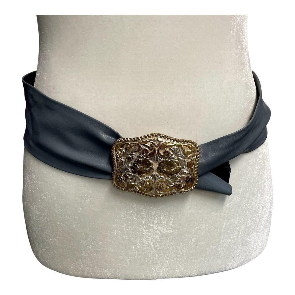 Crumrine Buckle and Leather Belt Vintage 80s Gold Gray Engraved Floral Western